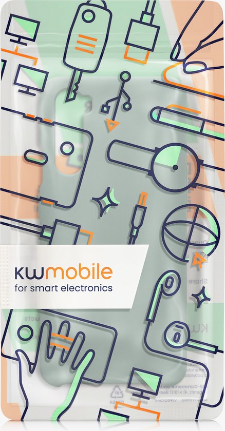 Verpakking met illustraties van smartphone-accessoires en het kwmobile logo.