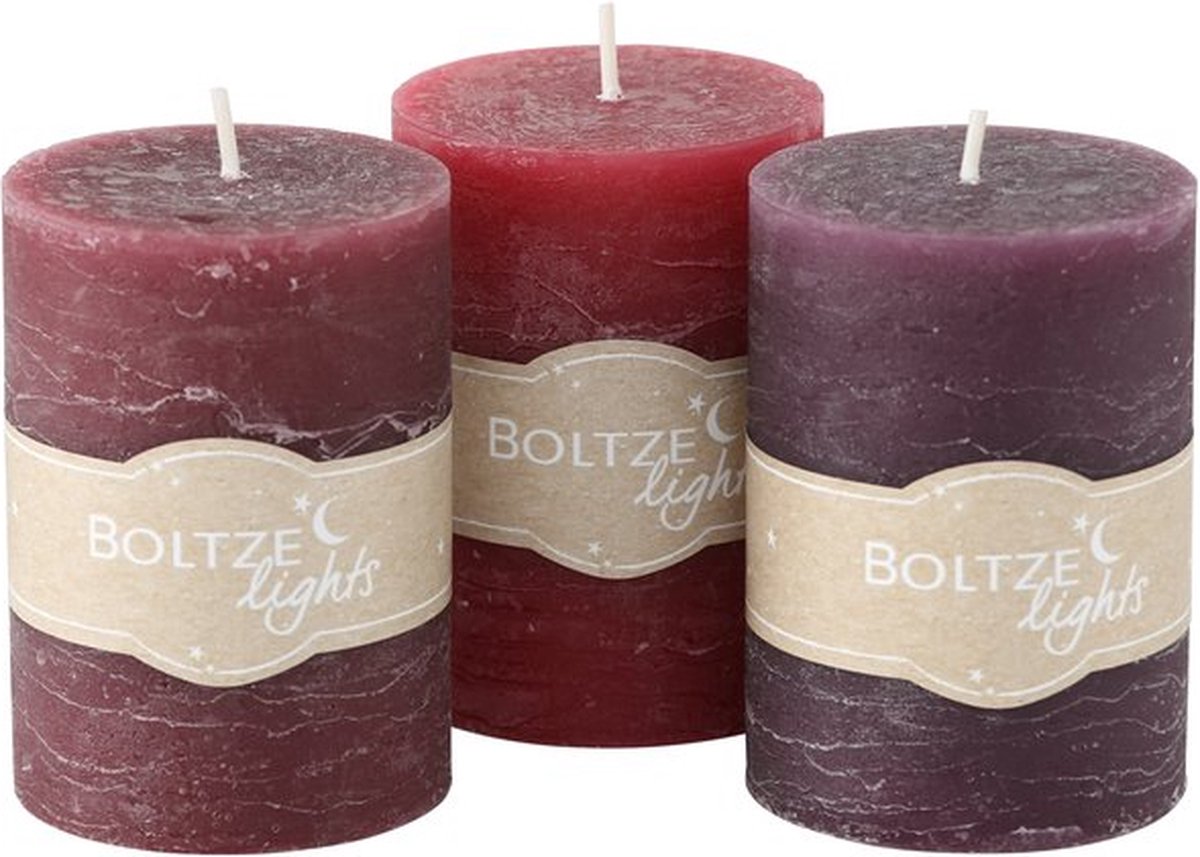 Boltze - Stompkaarsen - Set van 3 - Rood, donkerrood en aubergine - 10x7cm
