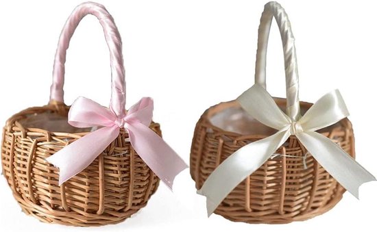 MINGZHE 2 Stks Kleine Rieten Mand met Handvat - Bloemenmeisje Manden voor Bruiloften Rotan Mand Huwelijksgeschenk Bloemenmand Rieten Manden Decoratieve Manden voor Home Decor Mand Rieten(#4