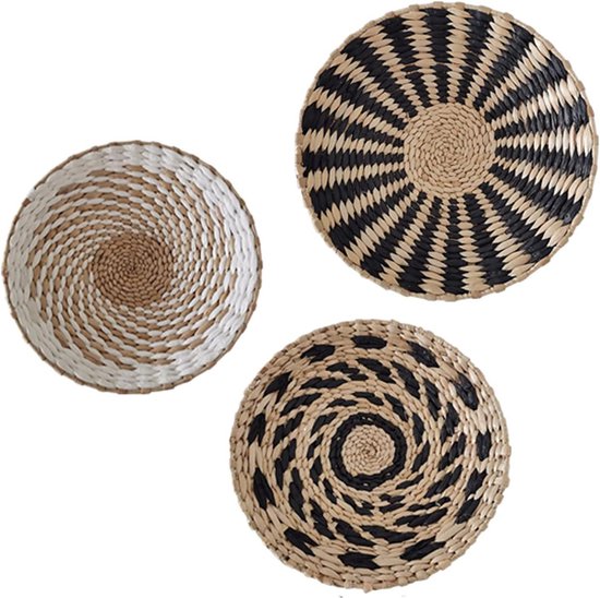 RXMORI Boho wandmanddecoratie set van 3 hangende natuurlijke geweven platte manden ronde rieten manden aan de muur handgemaakte rustieke wandmand voor woondecoratie 25cm-30cm-33cm RXMORI Boho wandmanddecoratie set van 3 hangende natuurlijke geweven platte manden ronde rieten manden aan de muur handgemaakte rustieke wandmand voor woondecoratie 25cm-30cm-33cm