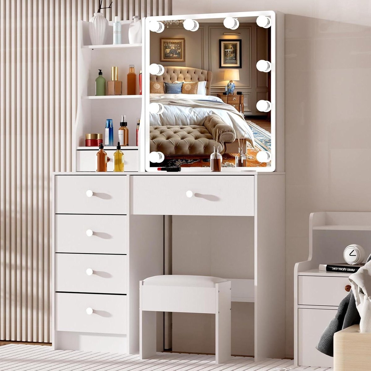 Kaptafel met Schuifspiegel en Verlichting voor Slaapkamer - Make-uptafel met Laden en Planken - Verborgen Opbergruimte - H41-090015 (wit 36 x 80 x 131cm) make up tafel