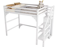 Merax 140x200 cm Hoogslaper met Lattenbodem - Staptrede - Kledingkast en Opbergruimte – Wit - Ruimtebesparend Tienerbed van Massief Hout