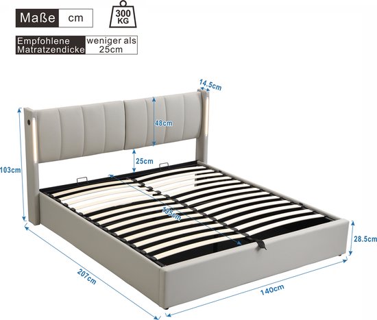 VASAGLE Gestoffeerd Tweepersoonsbedframe Met Verstelbaar Hoofdeinde - Cappuccino Beige - Voor Matrassen 140 X 200 Cm, Metaal & Massief Hout