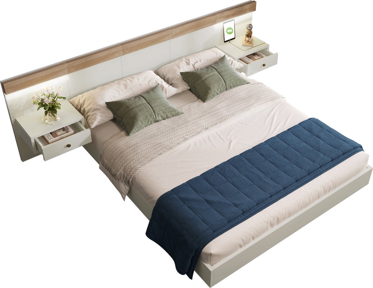 Merax Tweepersoonsbed 180x200 cm met 2 Nachtkastjes – LED Verlichting & USB-C Oplaadpunt – Modern Houten Bed in Eiken/ Wit – Zonder Matras
