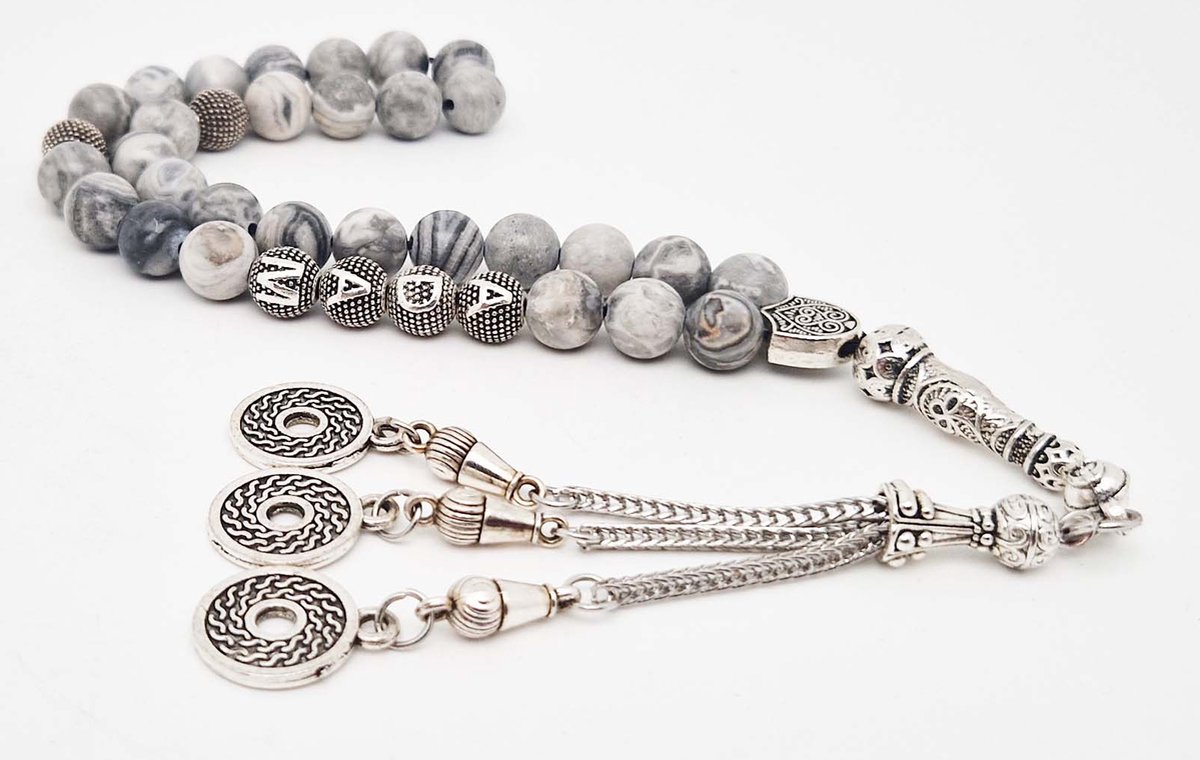 Handgemaakte naam tasbih 33 Kralen Natuursteen “ Map Jaspe” - met metaal tassel “Omarmen"- Met je naam of de naam van uw geliefde- 8 mm diameter van de korrel