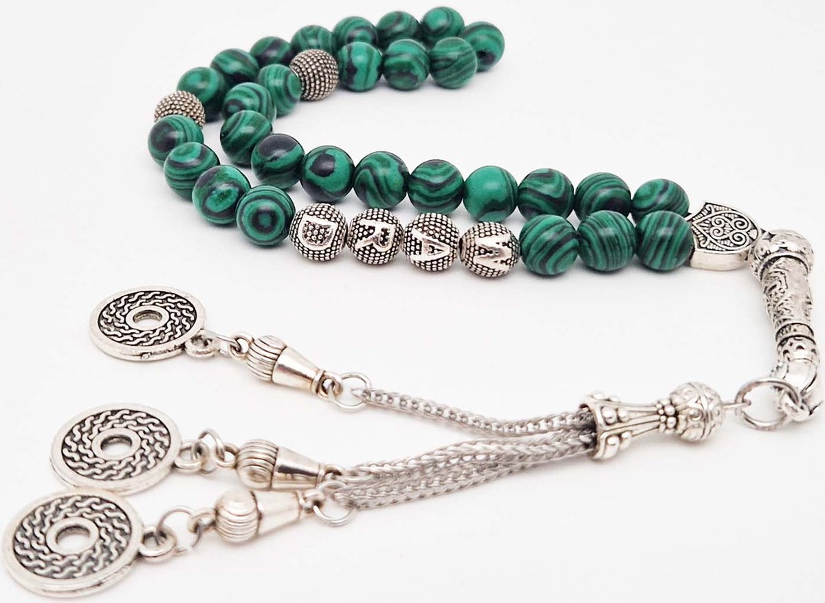Handgemaakte naam tasbih 33 Kralen Natuursteen “ Malachiet” - met metaal tassel “Omarmen"- Met je naam of de naam van uw geliefde- 8 mm diameter van de korrel