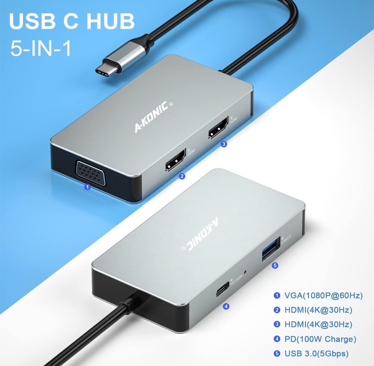 Akonic USB-C Laptop Docking Station 5 in 1 Dual HDMI thumbnail 3