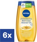 Eén fles NIVEA Rich Care Shower Oil, omringd door een blauw vierkant met '6x'. De fles is geel met een blauwe dop.
