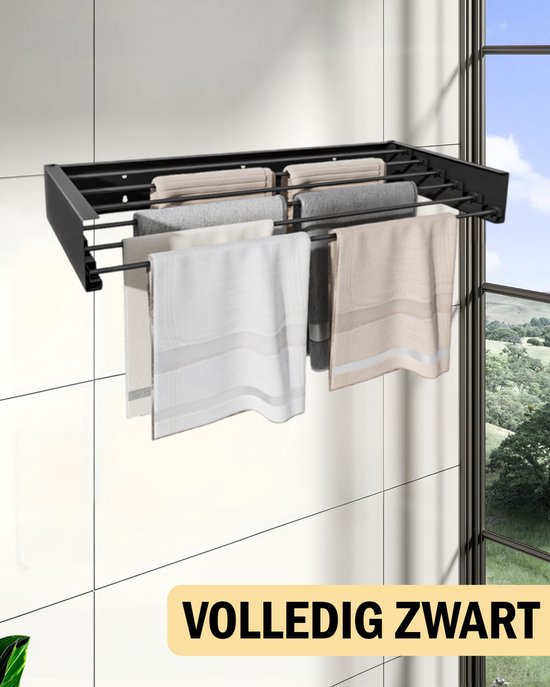PLAY IT Wanddroogrek 120cm Inklapbaar XXXL Zwart - 8.4 Meter Drooglengte - Wasrek/Droogrek Hangend + 2 Handdoek Haakjes