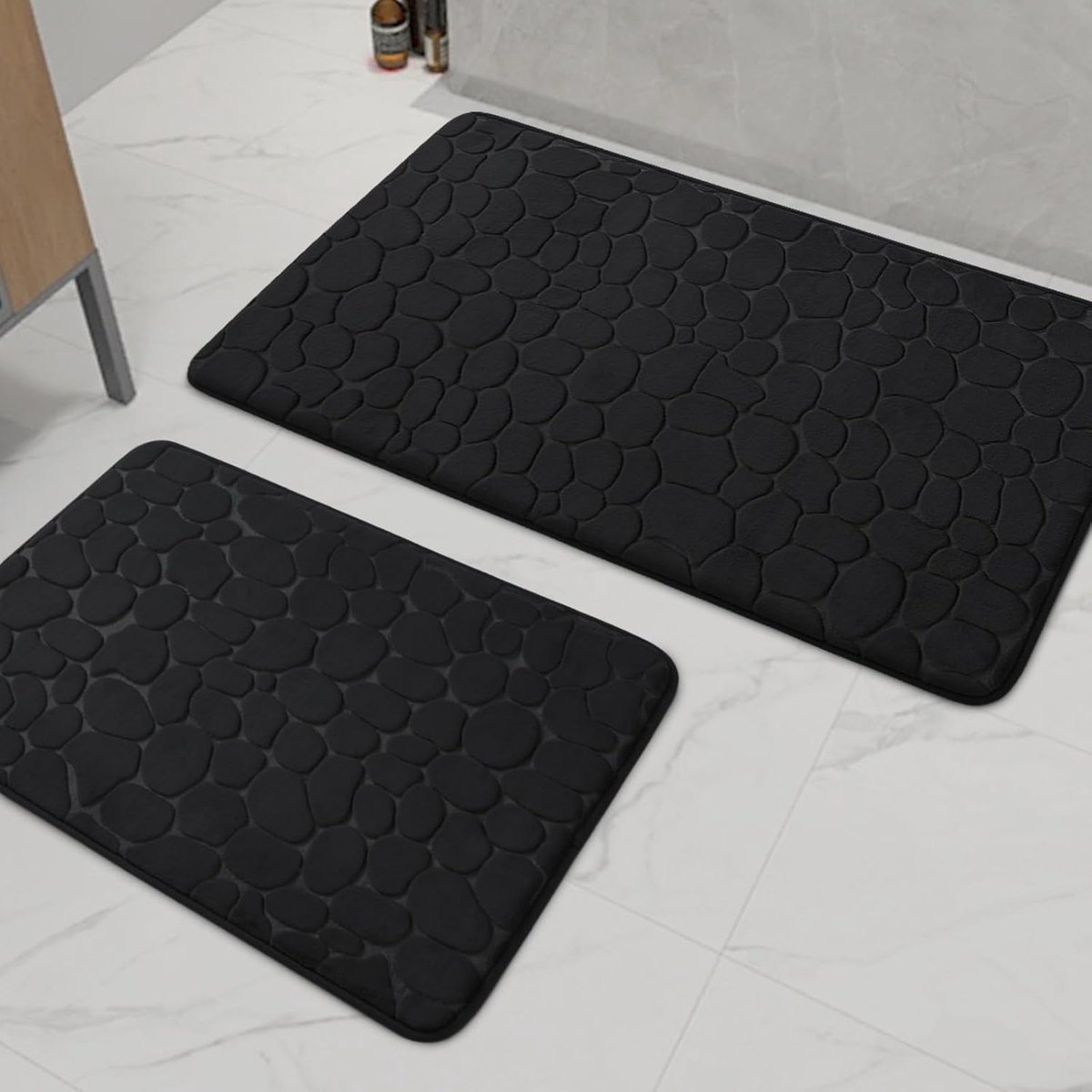 Badkamermat Set 2 Stuks, Geheugenschuim Badmatten Dik, Antislip Badmatten, Absorberend, Wasbaar, Zwarte Badmatten