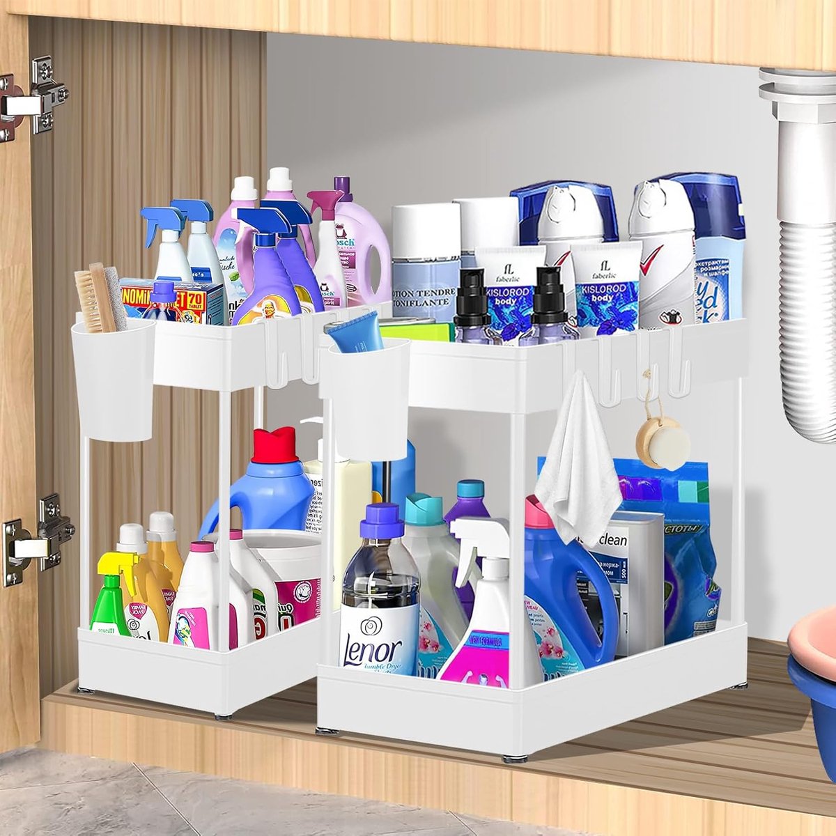 Keukenkast Organisator met 2 Lagen en 8 Haken - Wit, 2-Pack