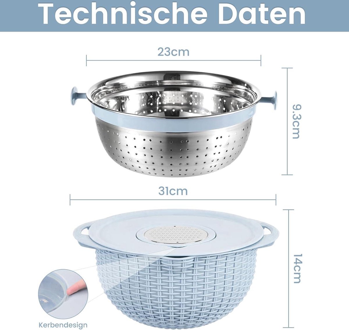 Bol Passoire 4-en-1 Beige - Ensemble Avec Couvercle, Râpes, Cuillères & Passoire Inox Pour Cuisine Pratique