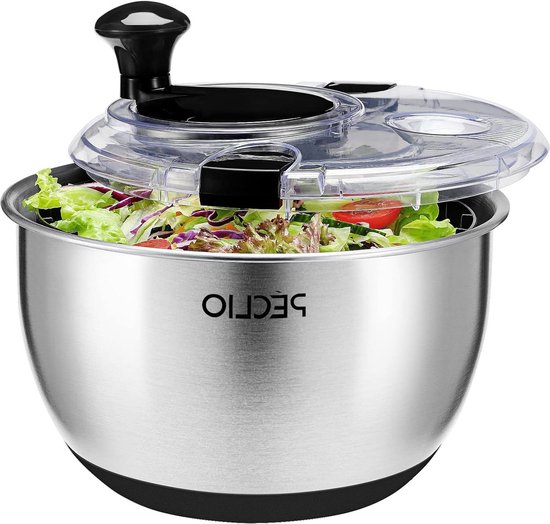 Slazwierder Roestvrij Staal Saladecentrifuge - 45 Liter Slakom - Vaatwasmachinebestendig - Zwengelaandrijving - Zwart