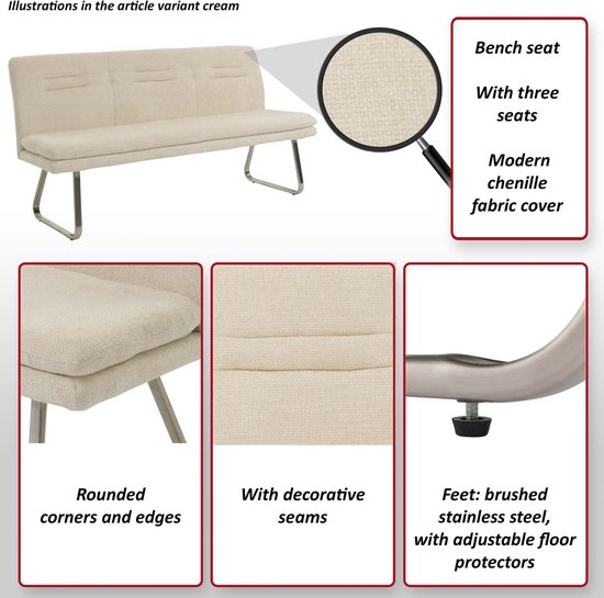 Canapé MCW-H70, canapé de salle à manger canapé rembourré, dossier tissu/textile chenille acier inoxydable brossé 180cm ~ bleu-vert