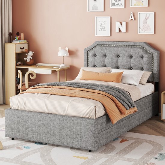 KOMHTOM Bed Eenpersoonsbed 90x200 cm Volwassenen met 2 laden sierrand Grijs decoratieve klinknagels