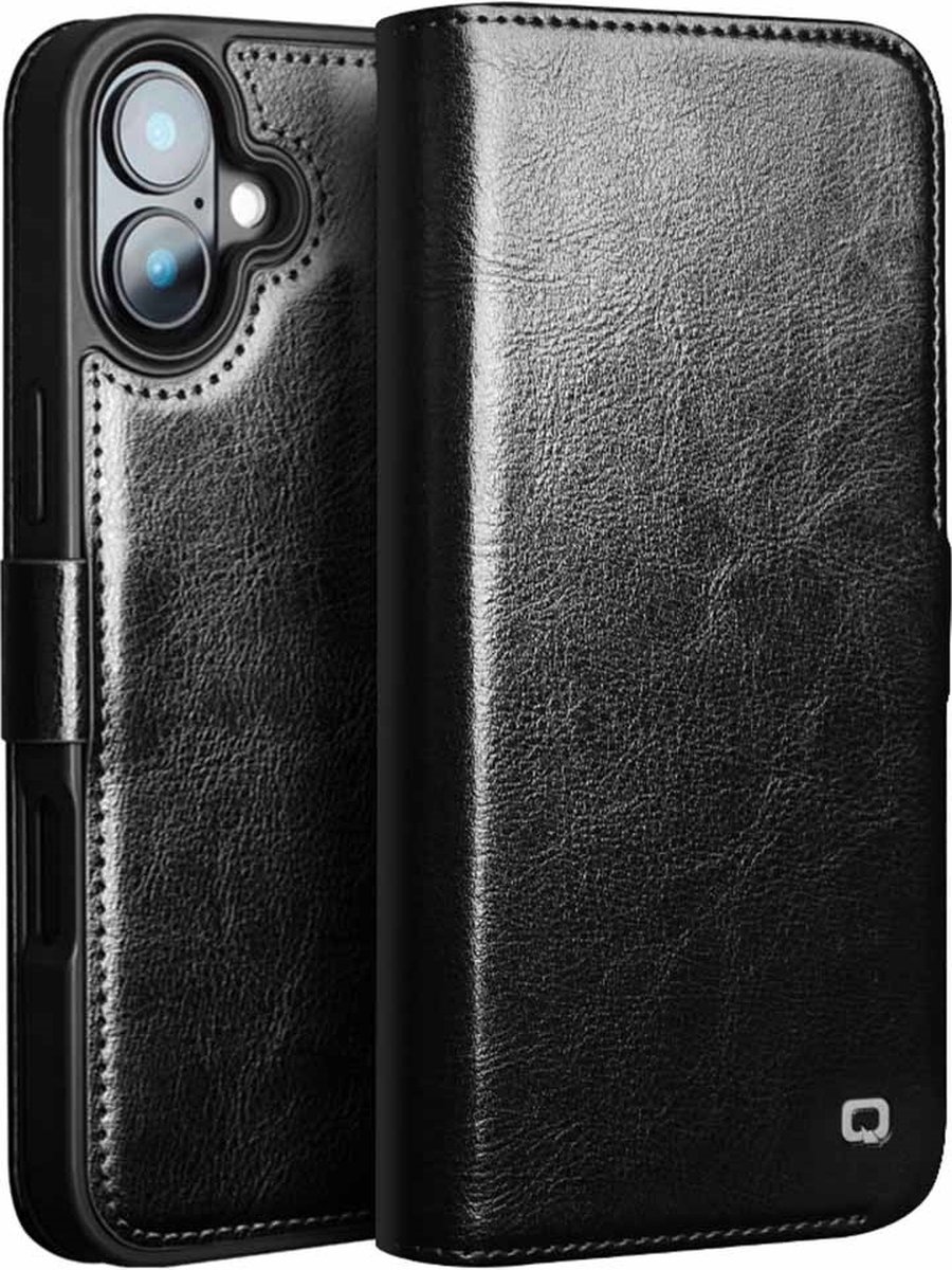 QIALINO Hoesje - Geschikt voor iPhone 16 Plus Hoesje - QIALINO Genuine Leather Book Case - Echt Leder - Zwart