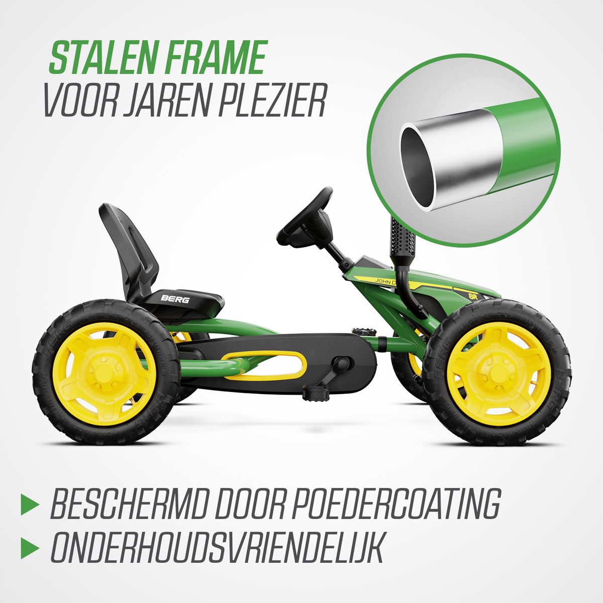 BERG Buddy John Deere® Skelter - 3+ Jaar - Verstelbare Stoel - Vrijloopautomaat - Officieel licentiemodel - Groen/Geel — afbeelding 3