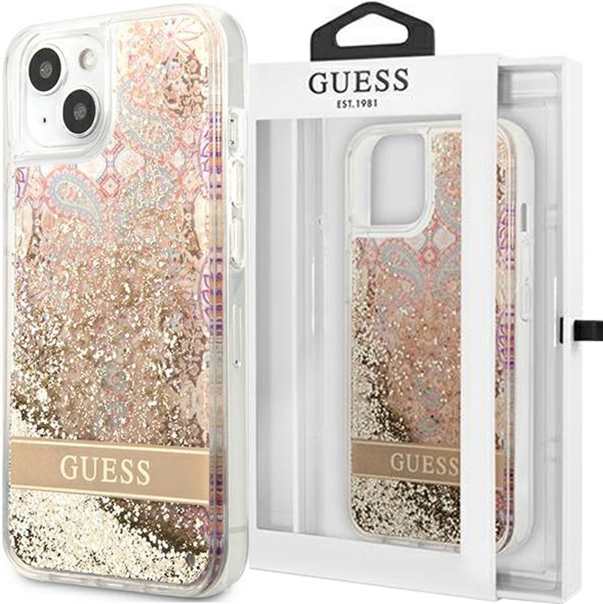 Guess Paisley Liquid Glitter Back Case - Geschikt voor Apple iPhone 13 Mini (5.4") - Goud