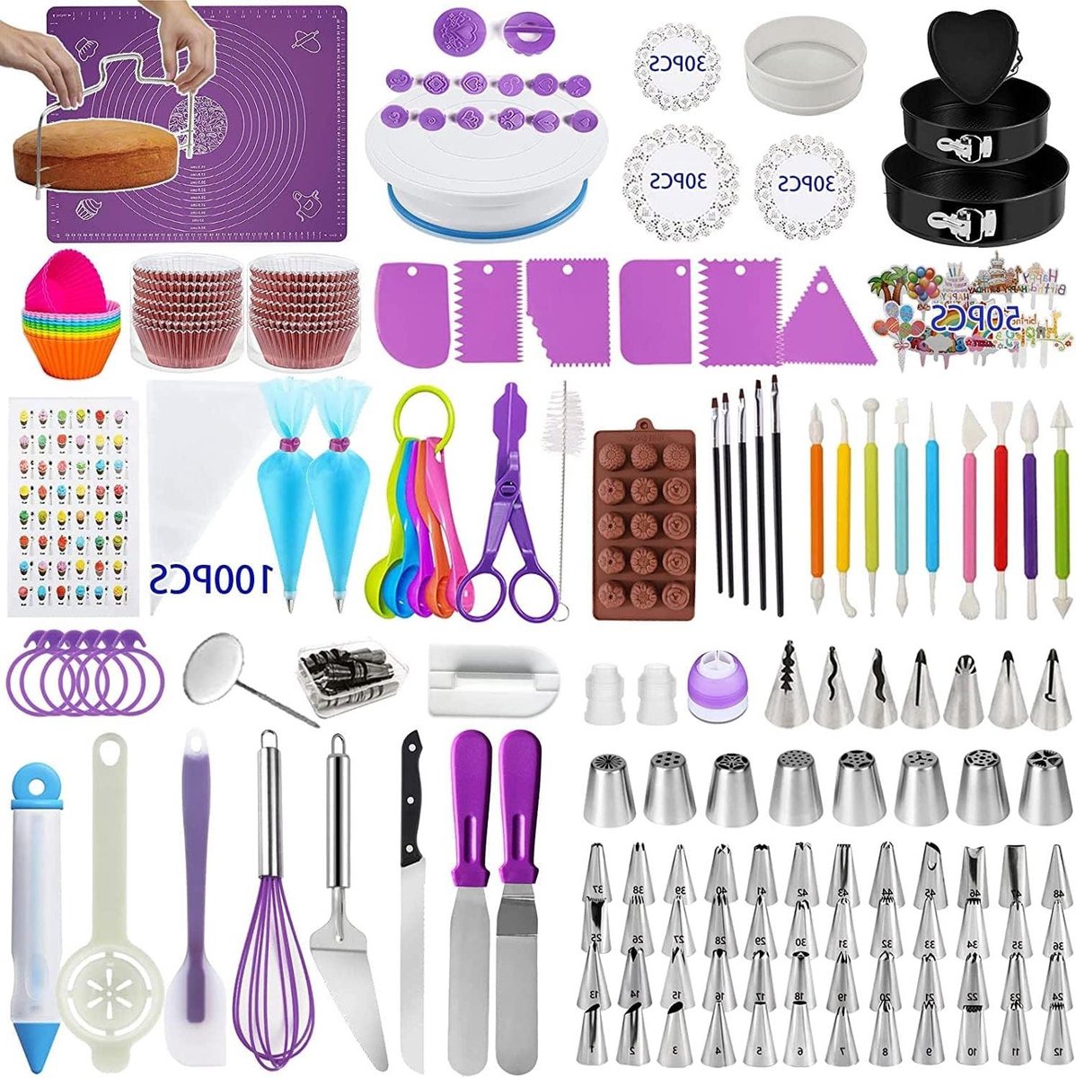 Cake Decorating Supplies Kit Set van 542 Bakken Gebak Gereedschap Springform Cake Pans Pastry Mat Draaitafel Stand Cake Leveler Russische Icing Tips met Patroon Chart