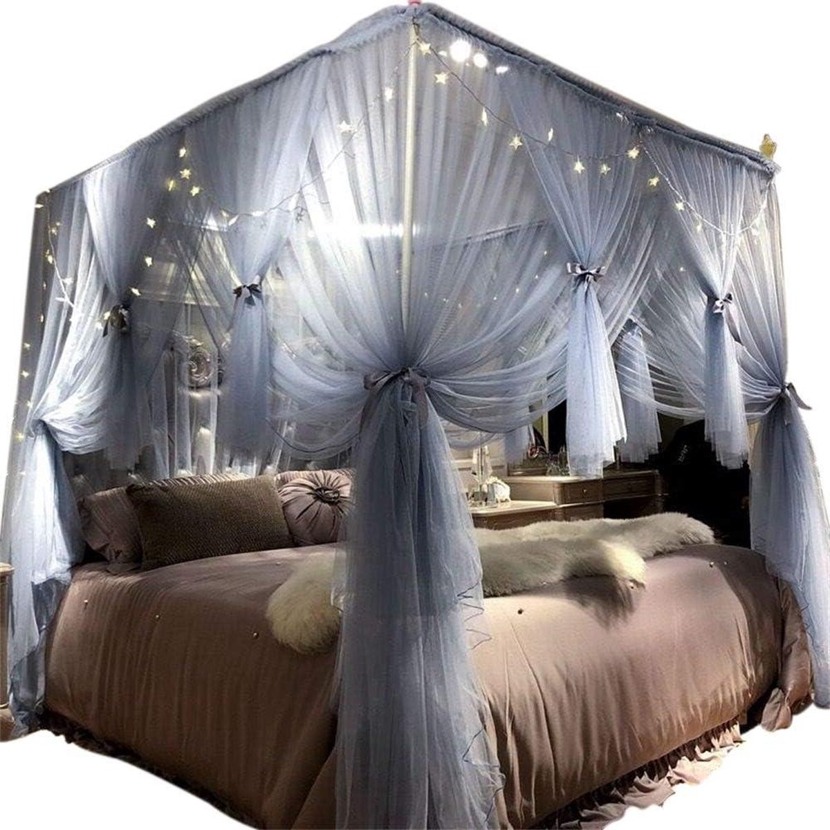 Image of 4 Hoeken Post Luifel Bed Gordijn voor Meisjes & Volwassenen - Koninklijke Luxe Gezellig Gordijn Netting - Leuke Prinses Slaapkamer Decoratie Accessoires - Grijs-Blauw - 1194 cm Breed x 198 cm Lang