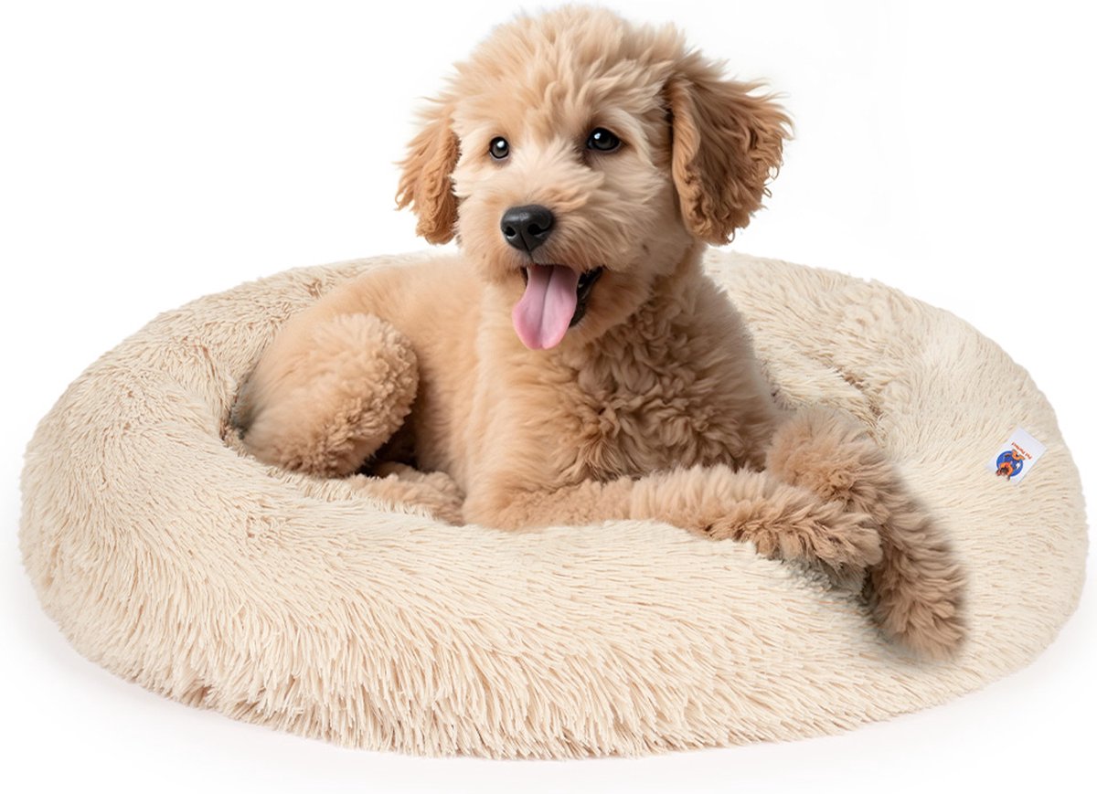 Pet Perfect Donut Hondenmand - 80cm - Fluffy Hondenkussen - Hondenbed - Créme/Bruin
