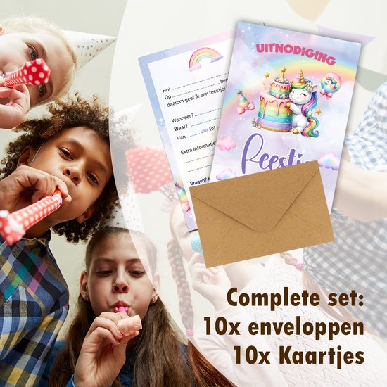 Set van 10 uitnodigingskaarten met eenhoorn thema, inclusief enveloppen, met kinderen die er gebruik van maken.