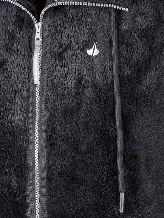 Sluiting van een zwarte fleece bodywarmer met rits en trekkoord.
