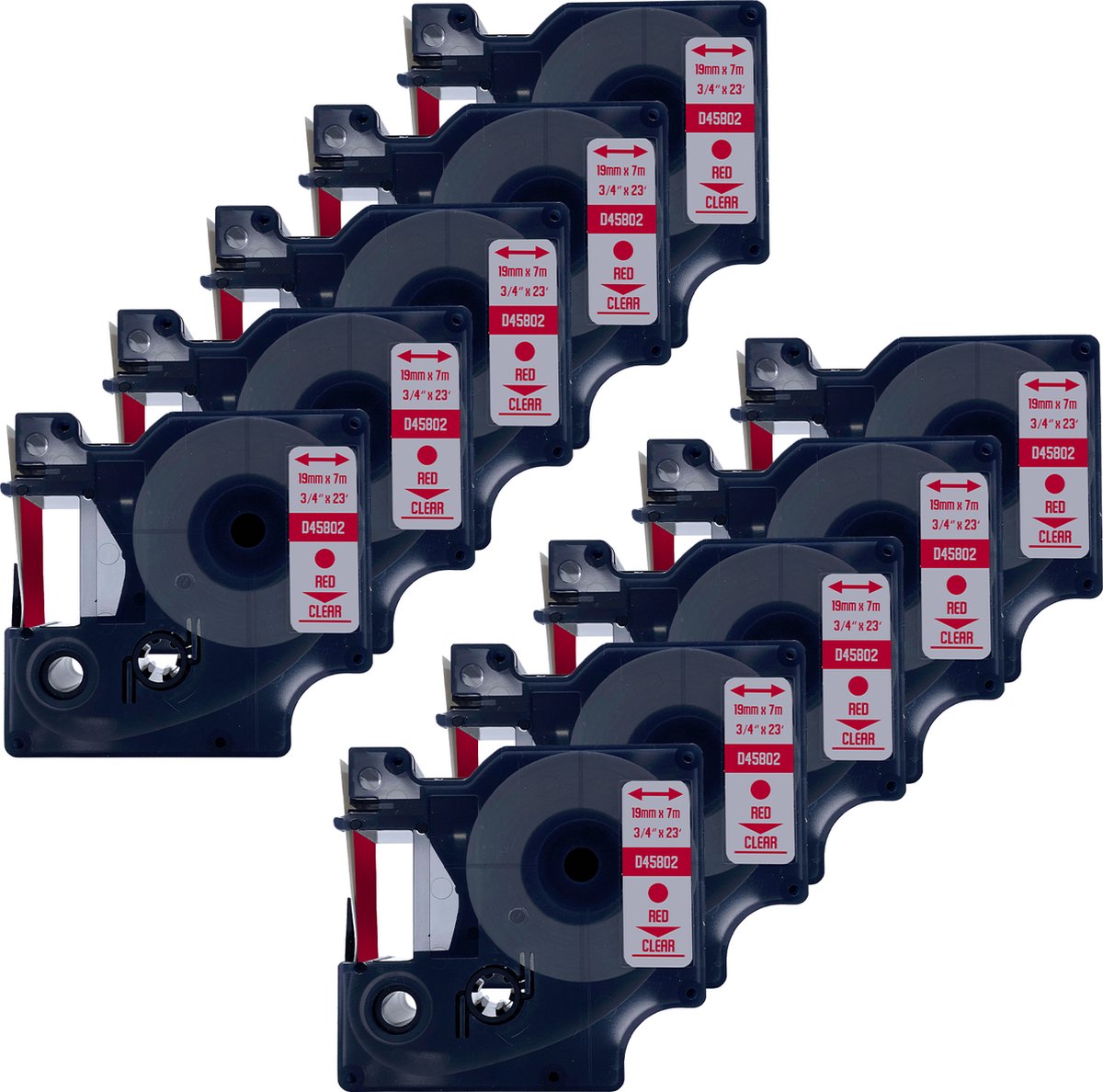 DULA Dymo D1 45802 Compatible label tape - 10 lettertapes - Rood op transparant - 19mm x 7m