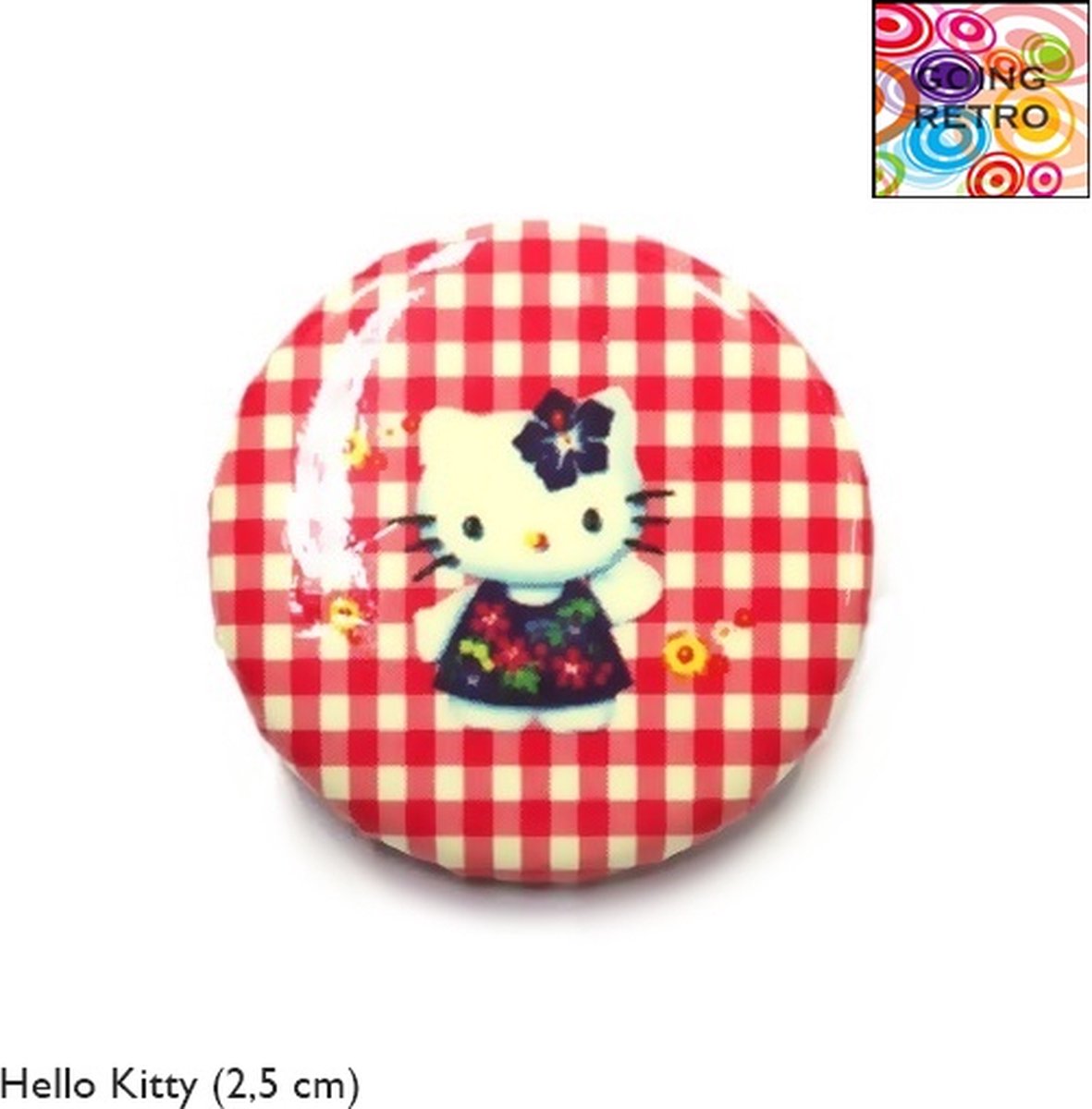 Going Retro® - Trendy Button Brôche - (06) Hello Kitty Wit Multi colour – Vichy ruit Rood Wit – ca. 2,5 cm – Volwassenen Jeugd Kinderen – Unisex – Casual - Thema Feest