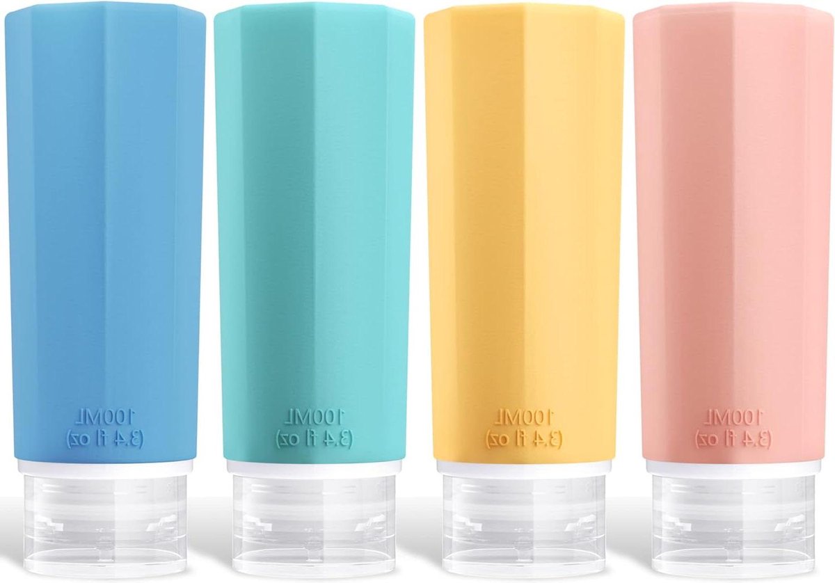 Set van 4 siliconen reisflessen 100 ml voor cosmetica shampoo lekvrij en navulbaar reisformaat containers reisflesjes 100ml