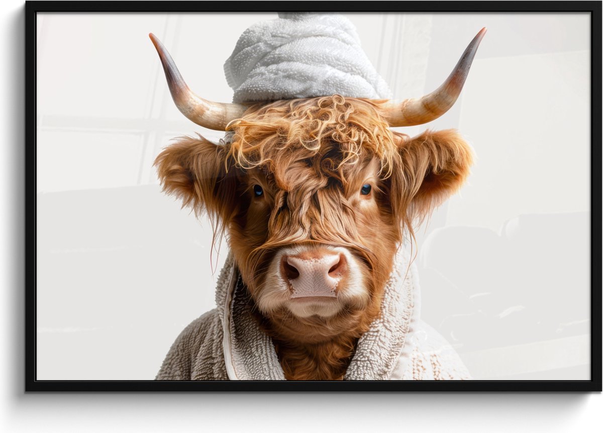 Poster in lijst - Fotolijst 120x80 cm - Posters - Schotse hooglander - Badjas - Koe - Dier