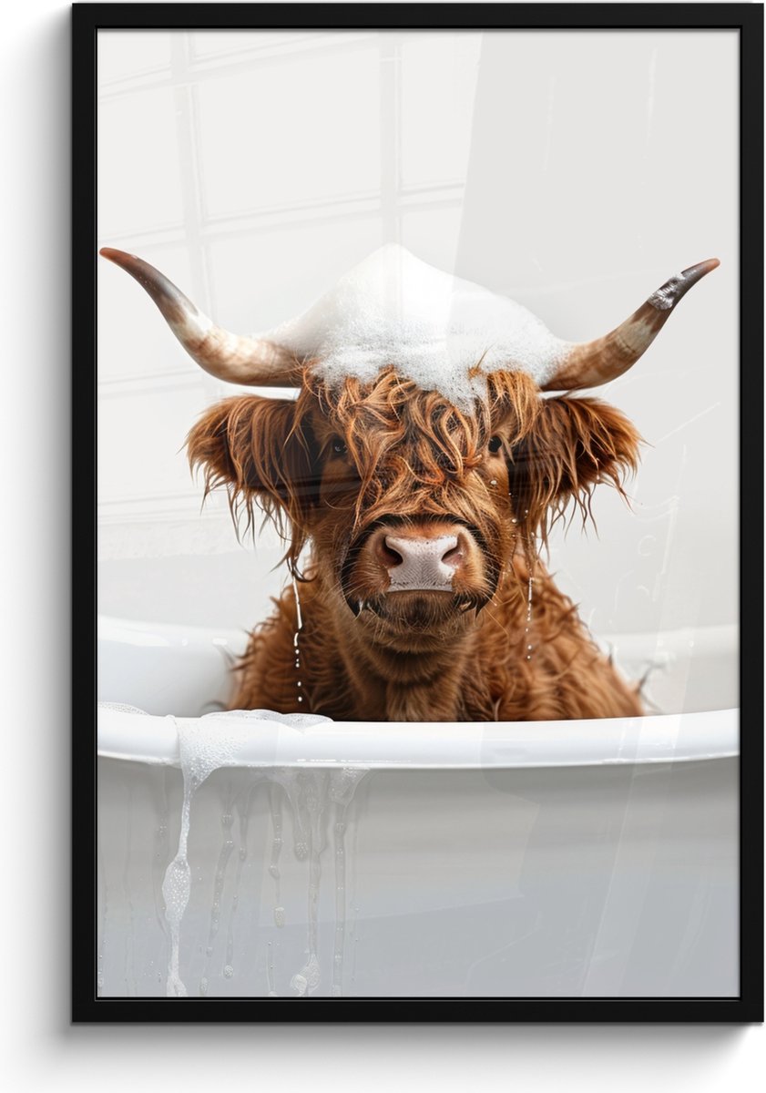 FrameYourWall Poster in lijst - Fotolijst 60x90 cm - Posters - Schotse Hooglander - Bad - Koe - Dieren - Schuim - Posterlijst zwart - Wanddecoratie badkamer - Muurdecoratie WC - Decoratieve accessoires - Toilet muur decoratie