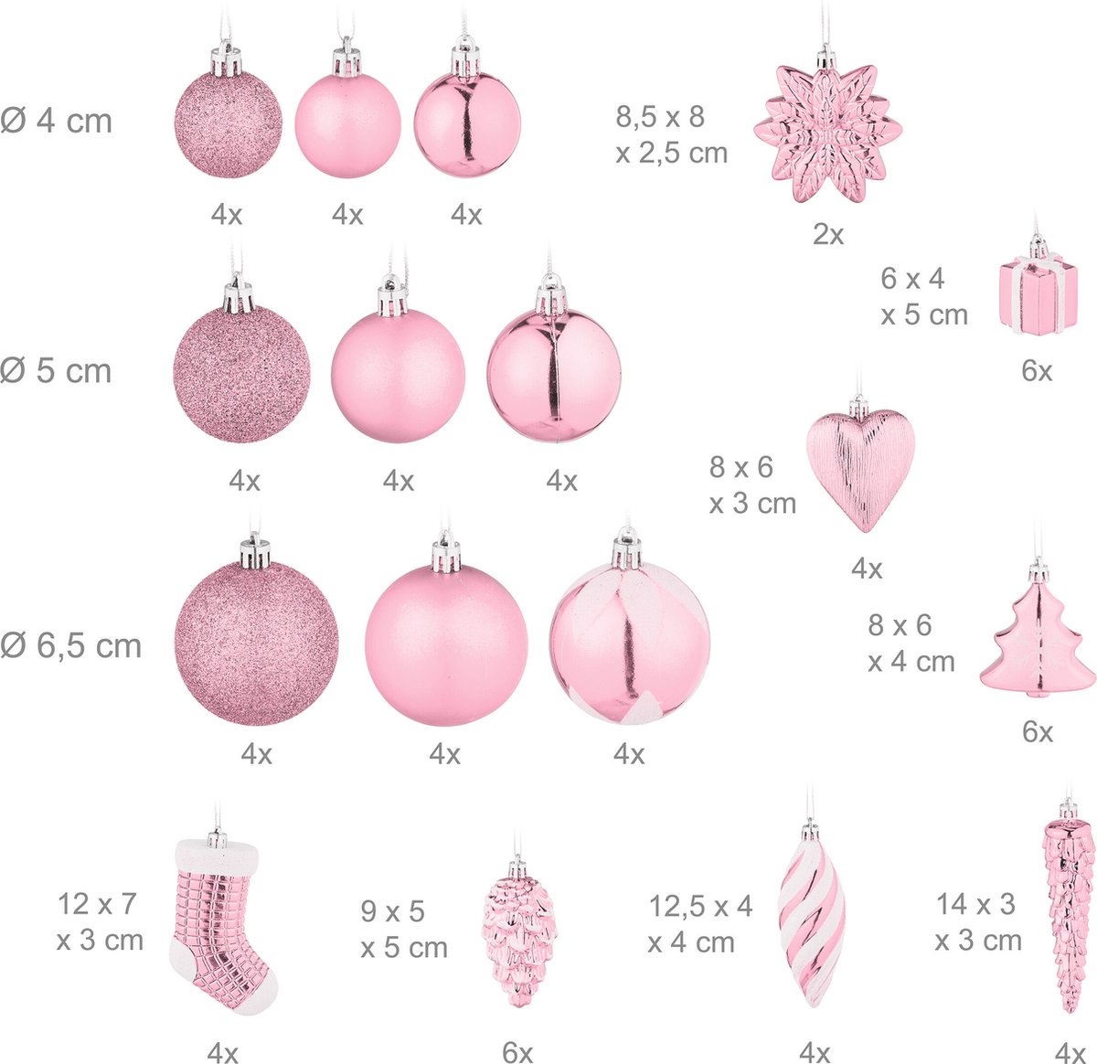 kerstballen - set van 72 - plastic - onbreekbaar - hartjes - sokjes - roze – foto 5