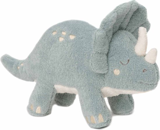 Turquoise dino knuffel met witte hoorns en geborduurde oogjes en mond.