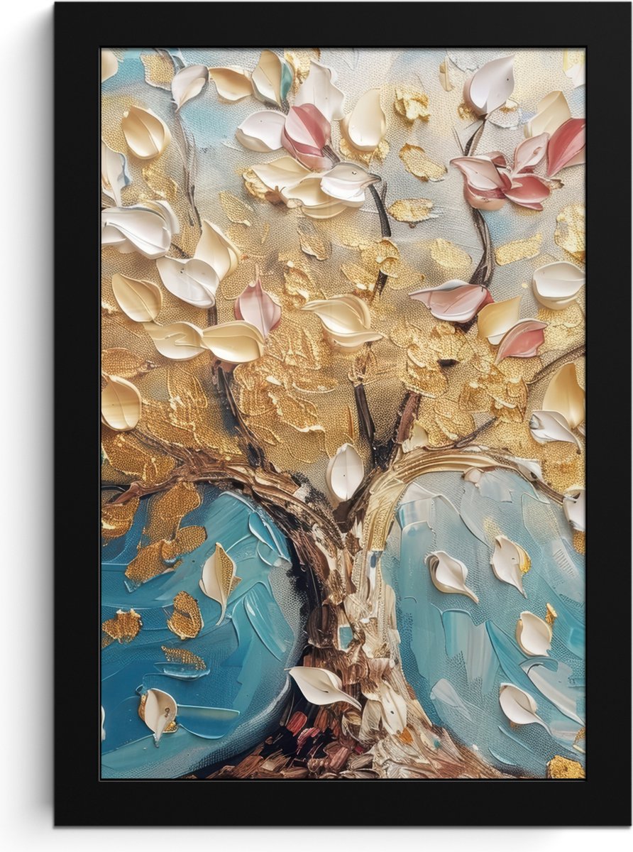 FrameYourWall Poster in lijst - Fotolijst 20x30 cm - Posters - Boom - Blauw - Goud - Abstract - Modern - Posterlijst zwart - Decoratie - Wanddecoratie woonkamer - Muurdecoratie slaapkamer Blauw - Goud - Wit