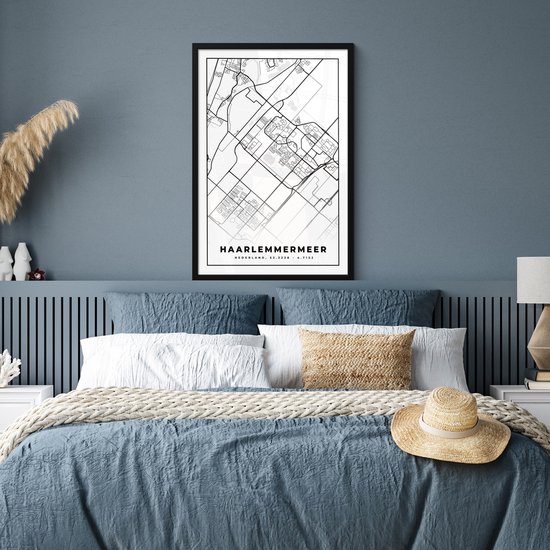 Affiche avec cadre Carte - Haarlemmermeer - Zwart - Wit - 60x90 cm
