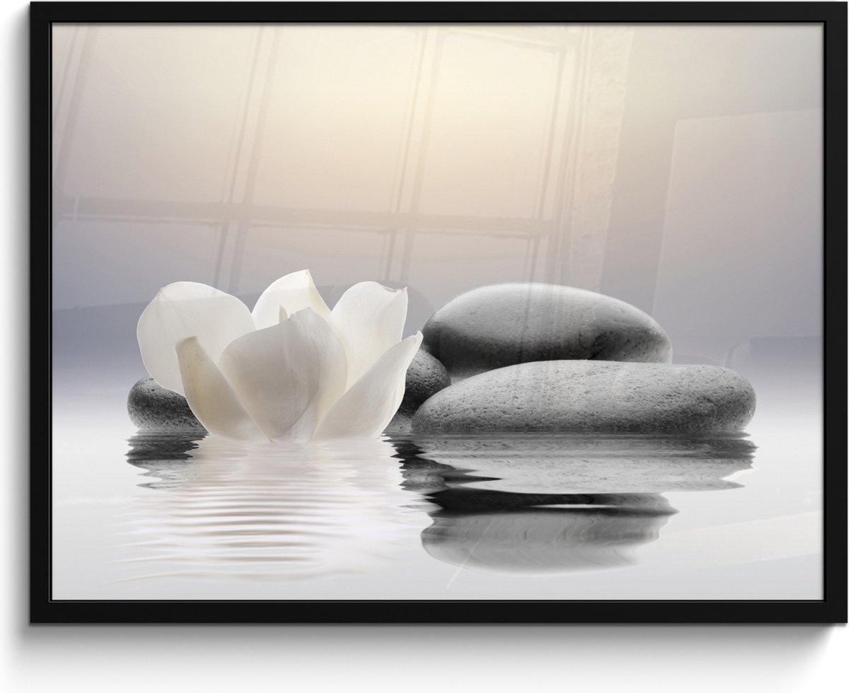 Poster in lijst - Fotolijst 80x60 cm - Posters - Stenen - Lotus - Wit - Water - Zen - Post