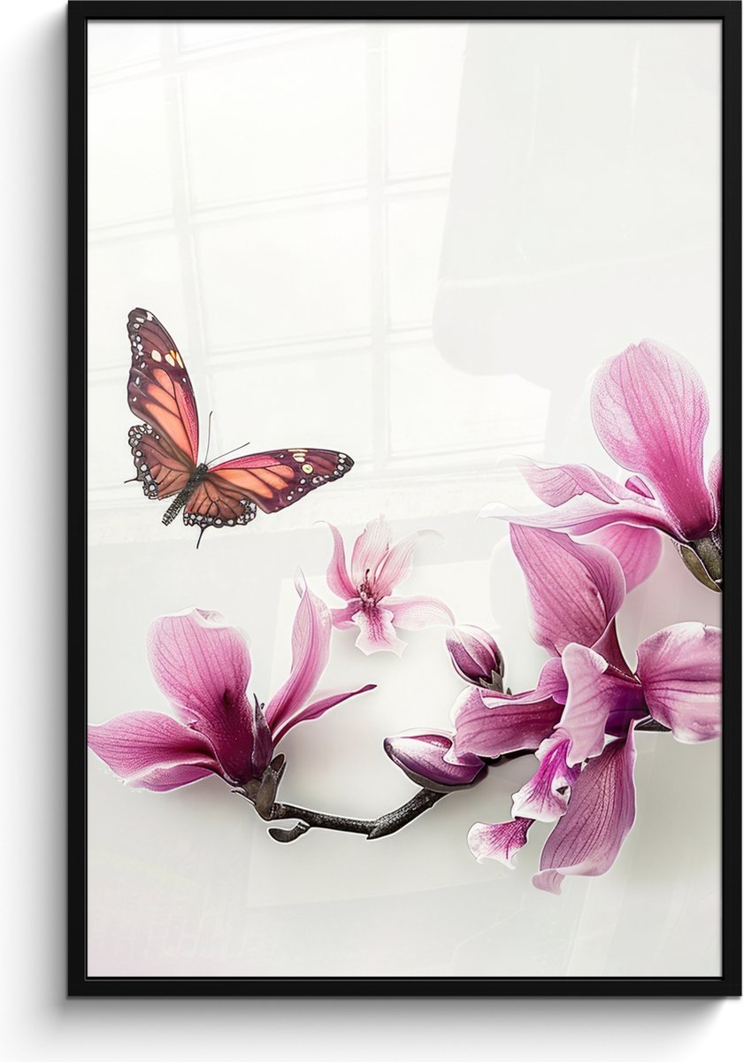 FrameYourWall Poster in lijst - Fotolijst 80x120 cm - Posters - Bloesem - Vlinder - Roze - Natuur - Wit - Posterlijst zwart - Wanddecoratie badkamer - Muurdecoratie WC - Decoratieve accessoires - Toilet muur decoratie Bloem - Vlinder