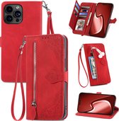 Coque adaptée pour iPhone 16 Plus - Bookcase - Cordon - Porte-cartes - Portefeuille - Motif fleurs - Simili cuir - Rouge