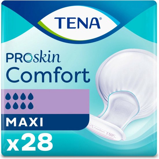 Verpakking Tena Proskin Comfort Maxi incontinentieverbanden in blauw en turquoise, met een detailafbeelding van een verband.