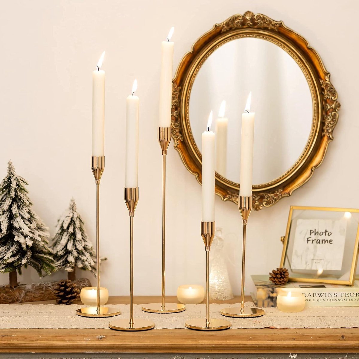 Kandelaar voor 4 kaarsen, goud, decoratieve borden, kaarsenhouder, decoratief dienblad, adventskrans, kaarsenplateau, metalen kaarsenhouder