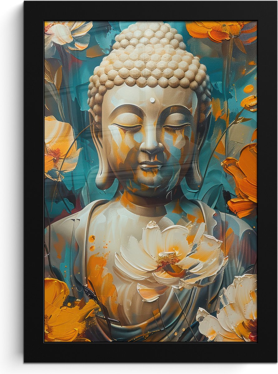 FrameYourWall Poster in lijst - Fotolijst 20x30 cm - Posters - Buddha - Bloemen - Kleurrijk - Modern - Posterlijst zwart - Decoratie - Wanddecoratie woonkamer - Muurdecoratie slaapkamer