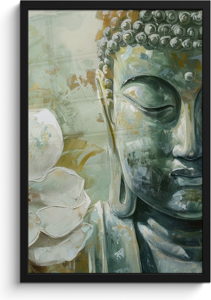 FrameYourWall Poster in lijst - Fotolijst 40x60 cm - Posters - Boeddha - Groen - Lotusbloem - Wit - Posterlijst zwart - Decoratie - Wanddecoratie woonkamer - Muurdecoratie slaapkamer