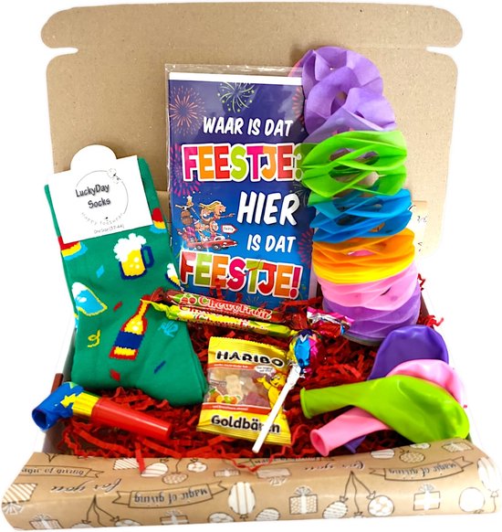 Cadeau box – Feest – Gefeliciteerd - Verrassings Pakket – Gift box – Grappig - Cadeau voor vrouw man – Kado – Sokken - Verjaardags cadeau – Jarig -Geschenkdoos – LuckyDay Socks - Maat 37-44
