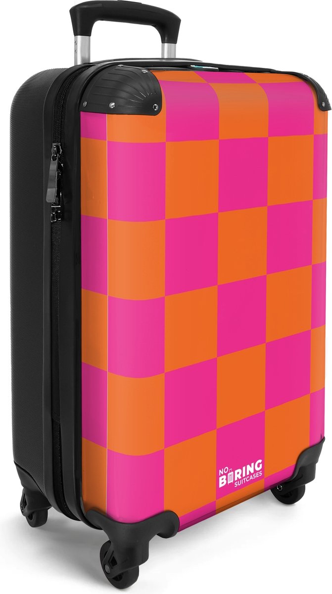 NoBoringSuitcases.com® - Handbagage koffer lichtgewicht - Roze oranje schaakbord patroon - Reiskoffer trolley vakantie - Rolkoffer met wieltjes - Travel luggage - Flightcase suitcase - Valies carryon koffertje - Past binnen 55x40x20 en 55x35x25