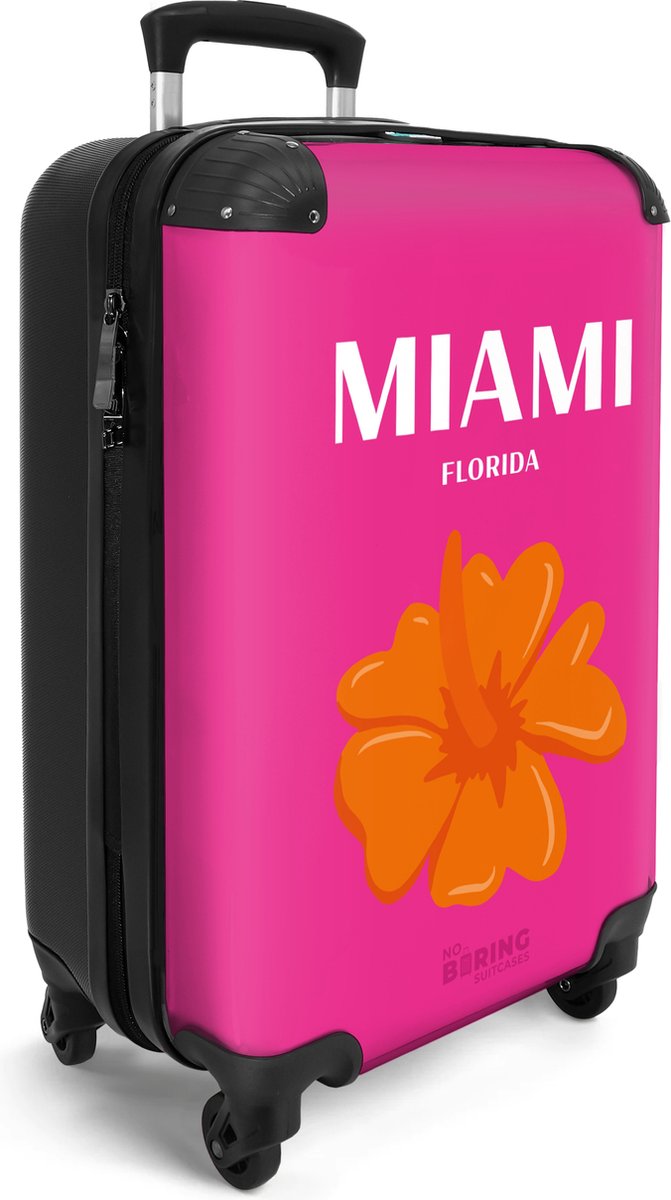 NoBoringSuitcases.com® - Handbagage koffer lichtgewicht - Reiskoffer trolley - Roze met Miami Florida - Rolkoffer met wieltjes - Suitcase cabin - Past binnen 55x40x20 en 55x35x25 - Valiezen met wieltjes volwassenen - Travel luggage