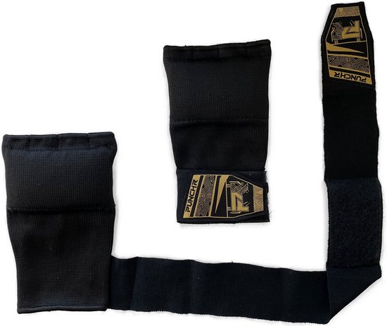 Een paar zwarte quick gel handwraps, waarvan één uitgevouwen.