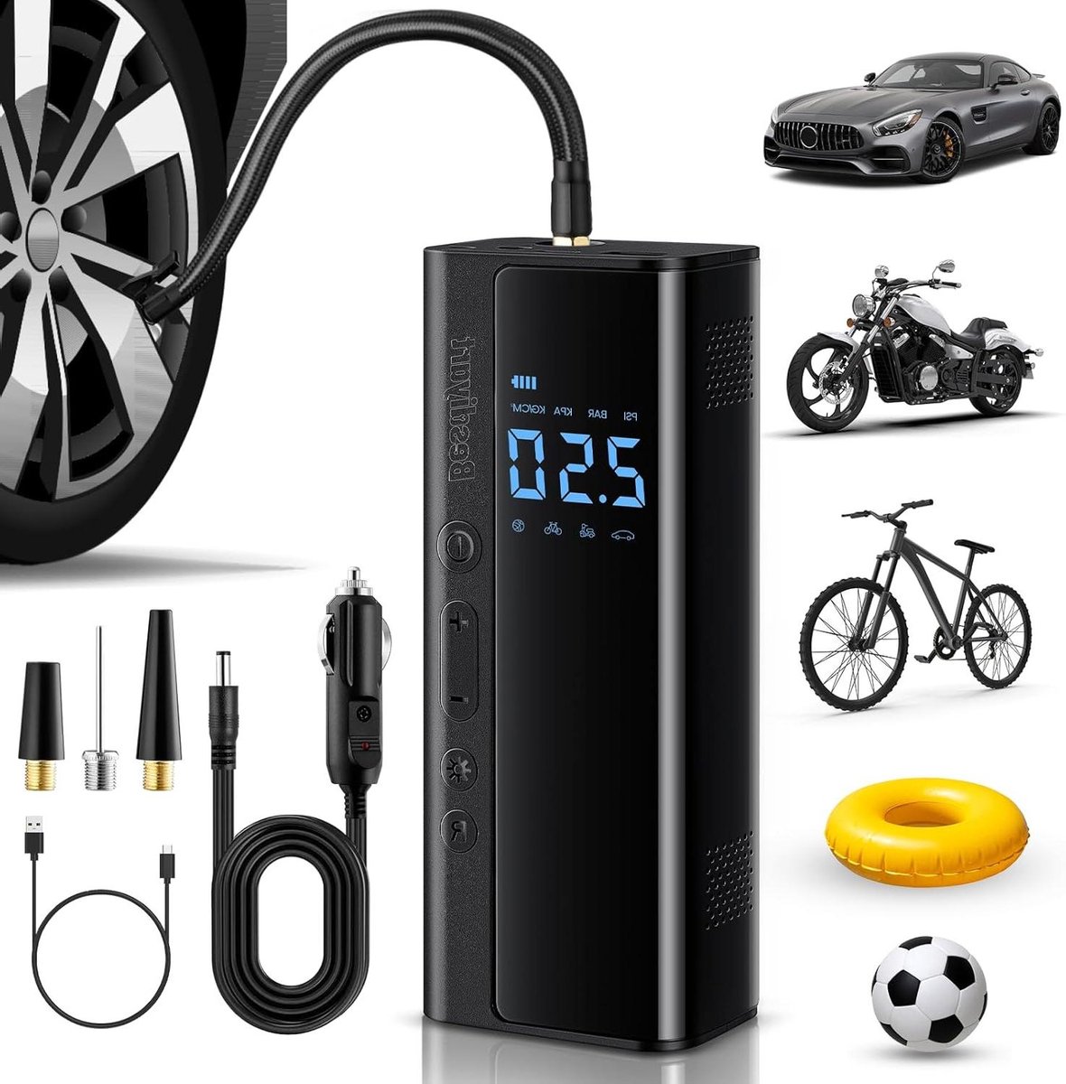 Fietspomp Draagbare luchtcompressor - 3-150 psi - instelbare luchtdruk - lcd-cijferweergave - autostopfunctie - oplaadbare accu - USB-powerbank