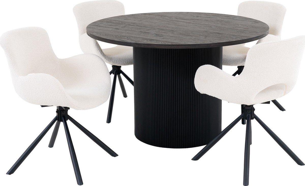 House Nordic Boavista eethoek eetkamertafel Ø120cm donker bruin en 4 Amorim stoel offwhite.