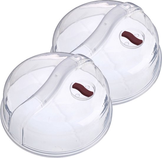 Twee transparante magnetrondeksels met gebogen handvatten en rode stoomregelaars.